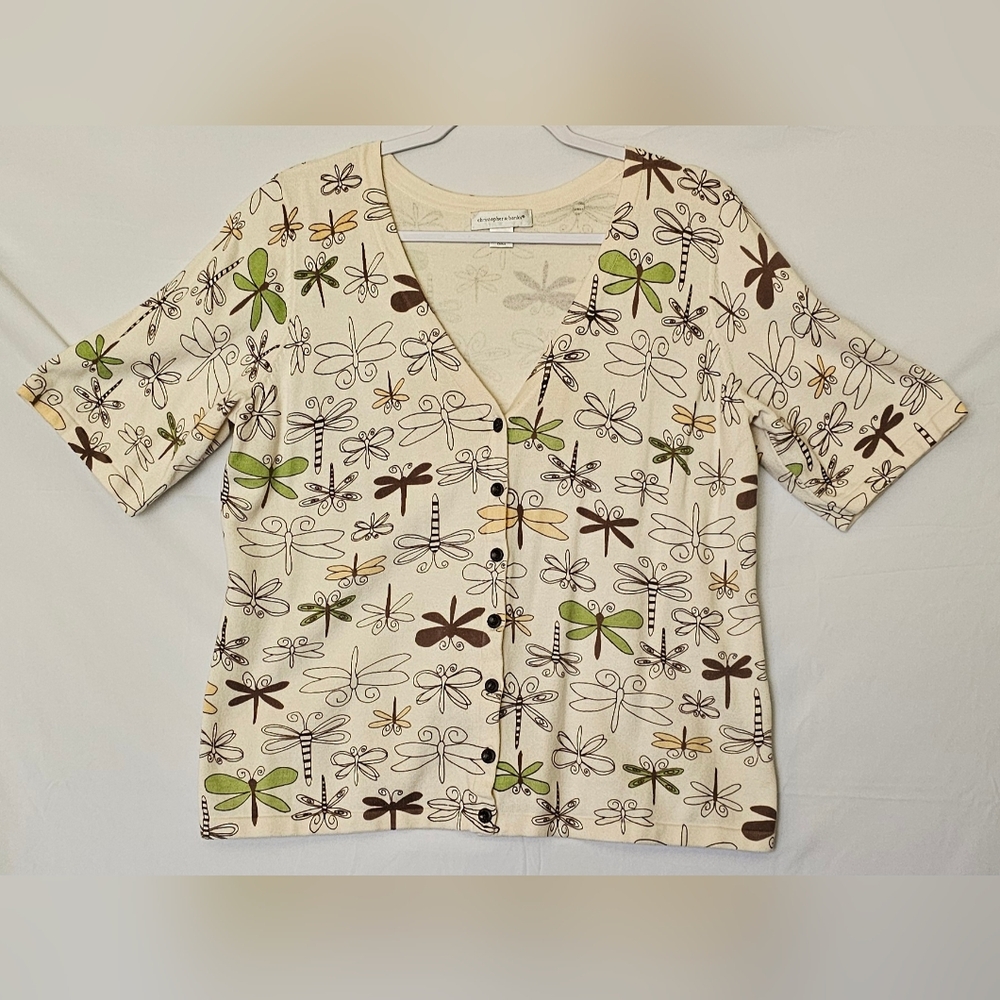Ladies Tan Christopher & Banks Short Sleeve Cardigan Size L Dragon Fly Motif